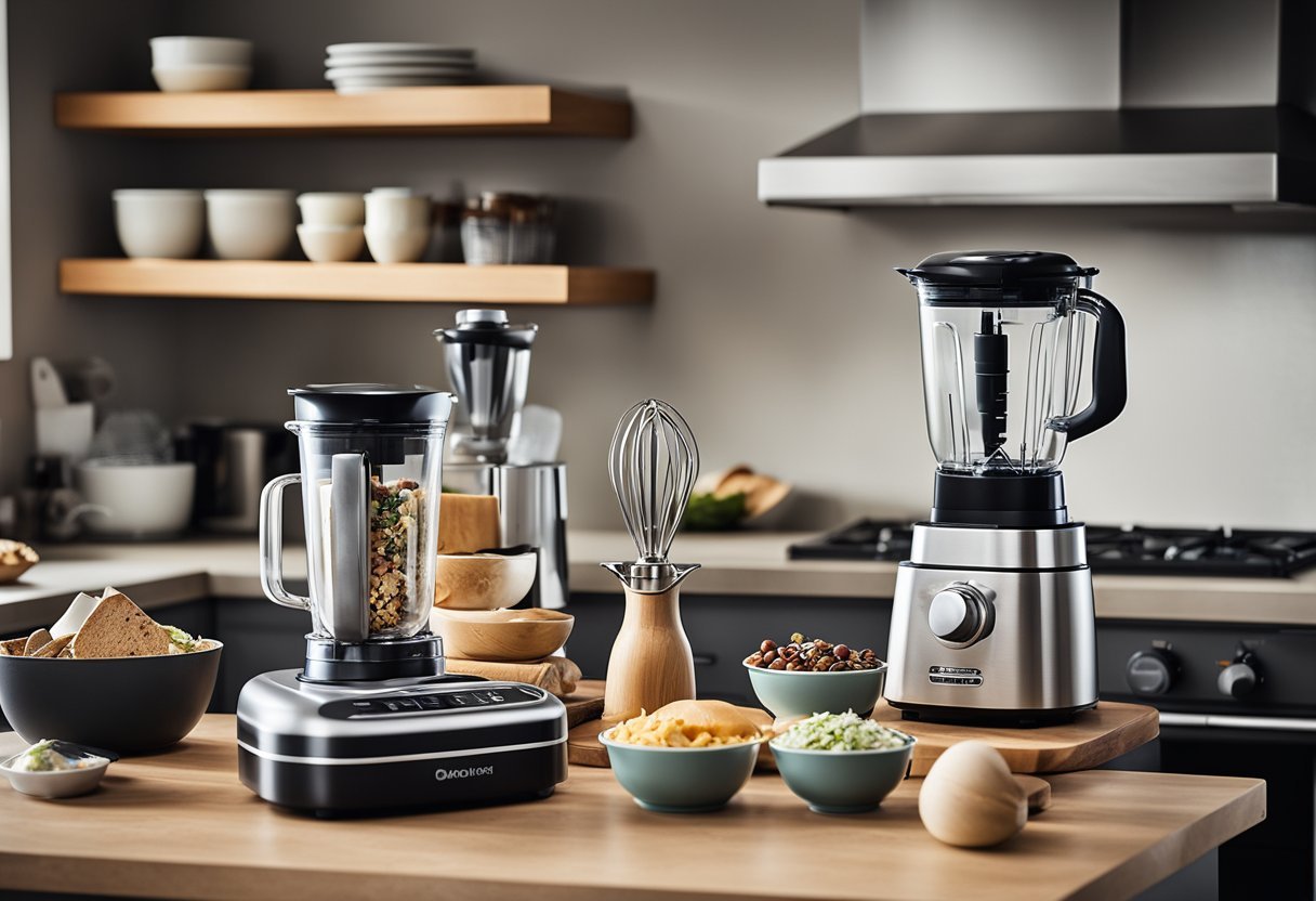 A cluttered kitchen counter with various gadgets including a blender, knife set, measuring cups, and a stand mixer