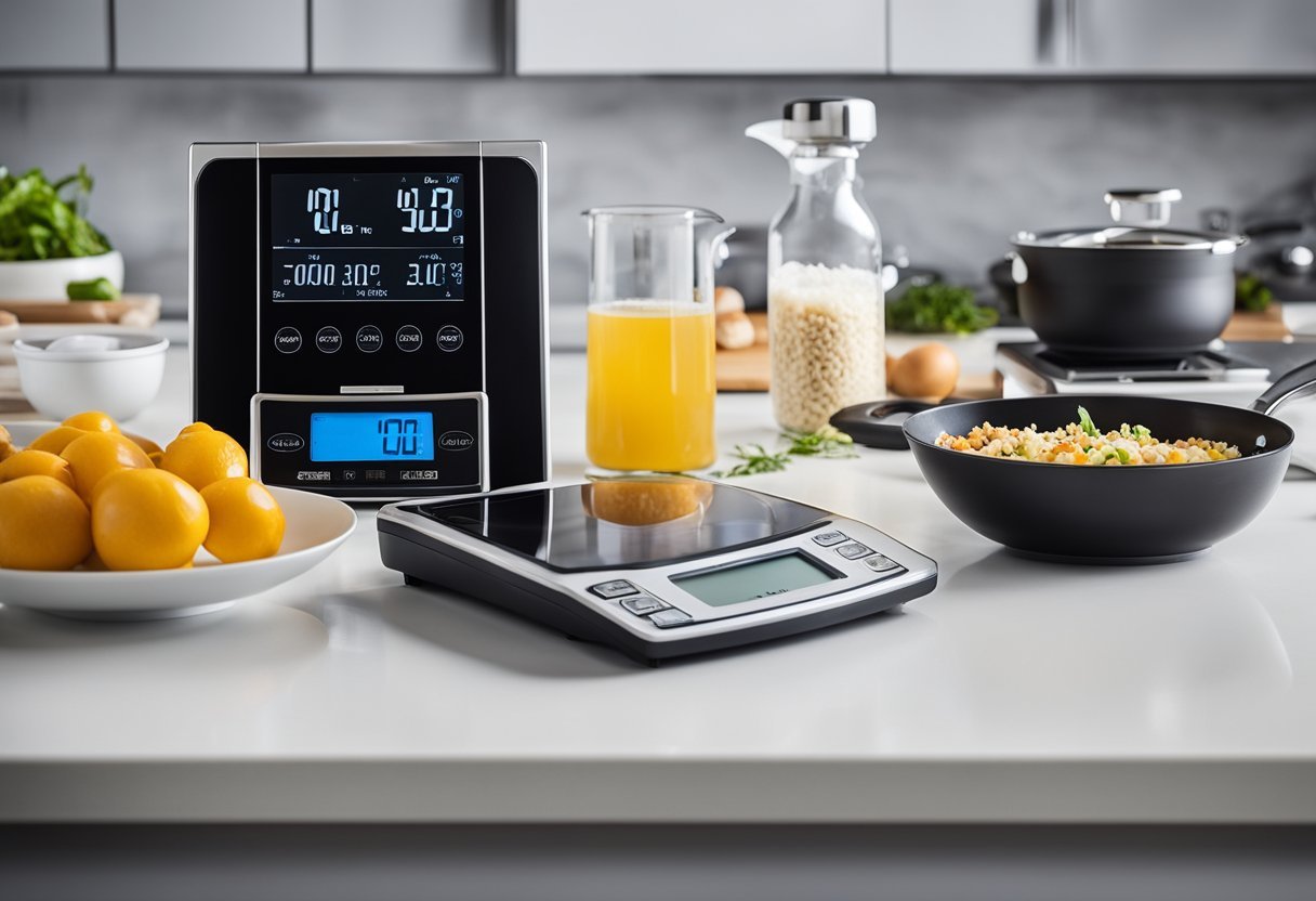 A kitchen countertop with various precision cooking tools neatly arranged, including a digital thermometer, kitchen scale, immersion circulator, and sous vide machine